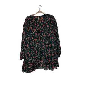 Free People Green Floral Ruffle Mini Dress Small Oversized Boho Button Front